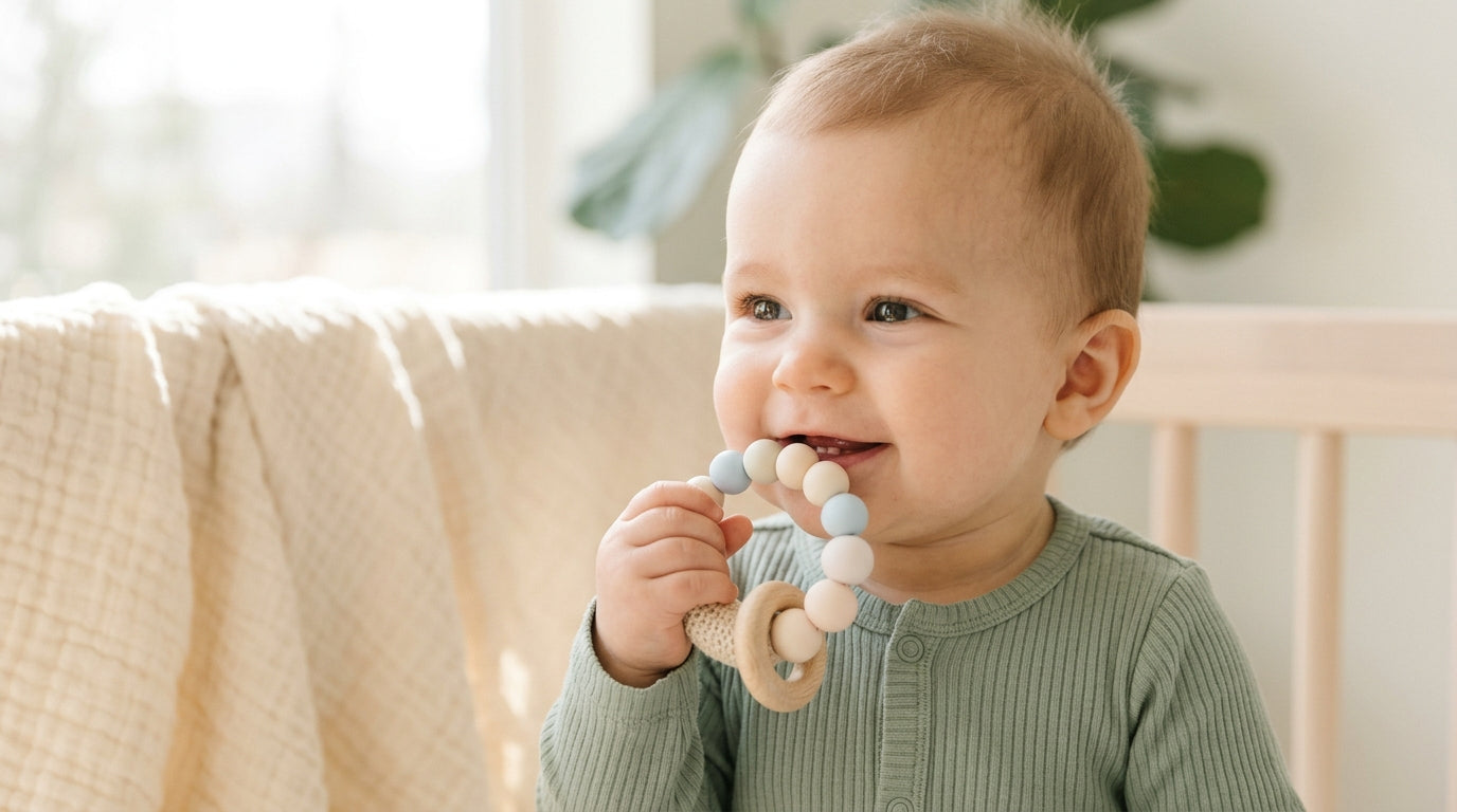 A tired dad holding a drooling baby chewing on a silicone sloth teether