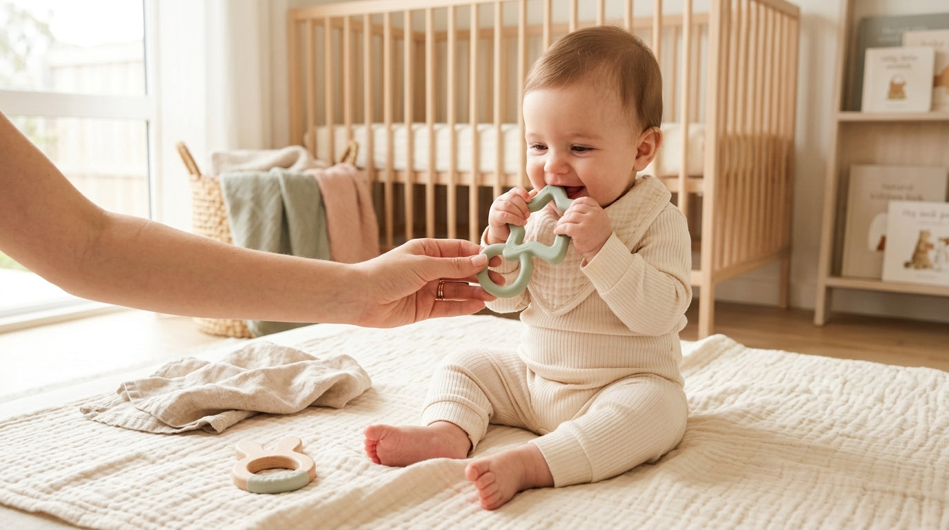 Baby chewing on a silicone sushi roll teether
