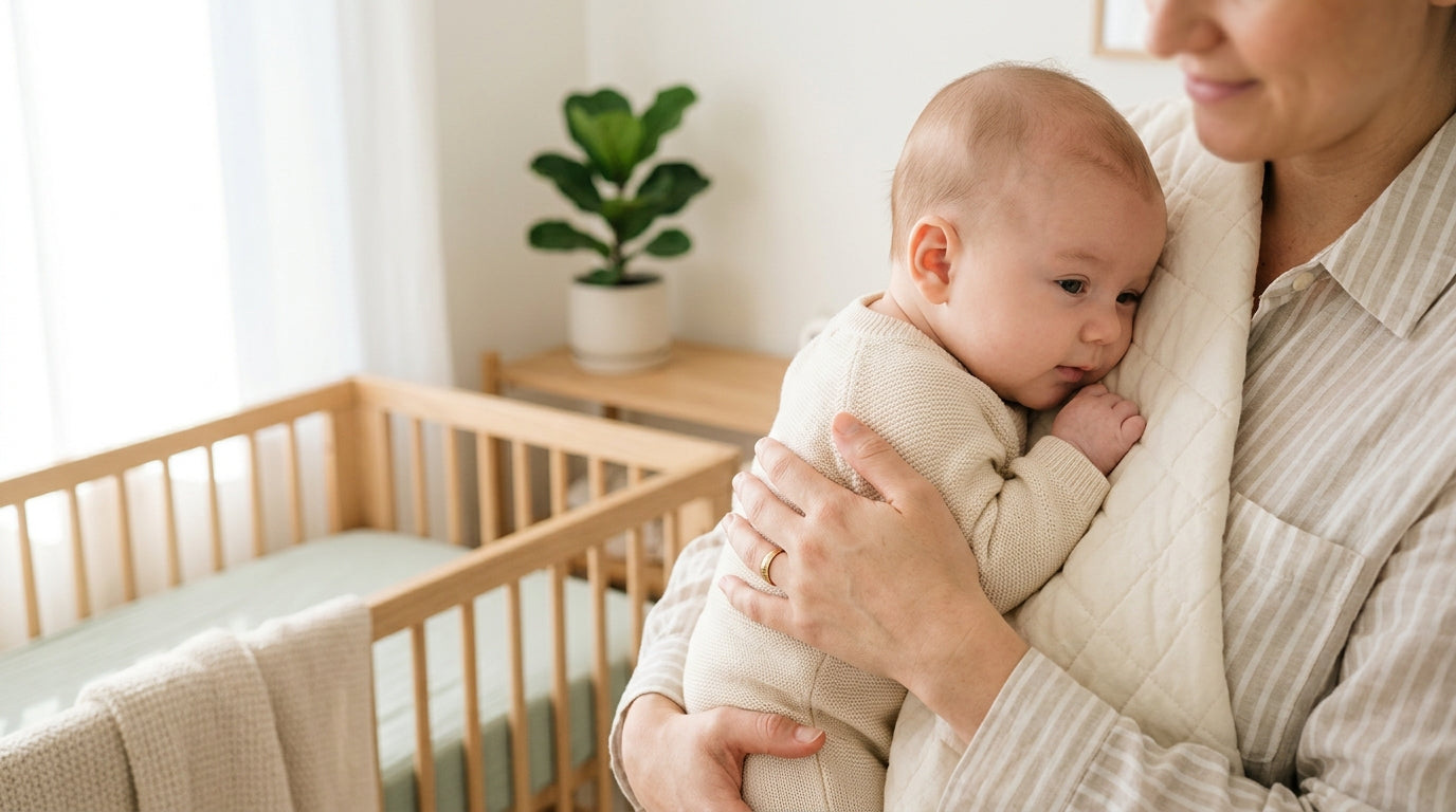 Tired mom holding a newborn with skin breakouts while holding a coffee mug