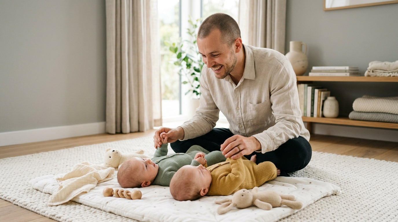 A bewildered dad holding a baby ultrasound photo while surrounded by neutral swaddles