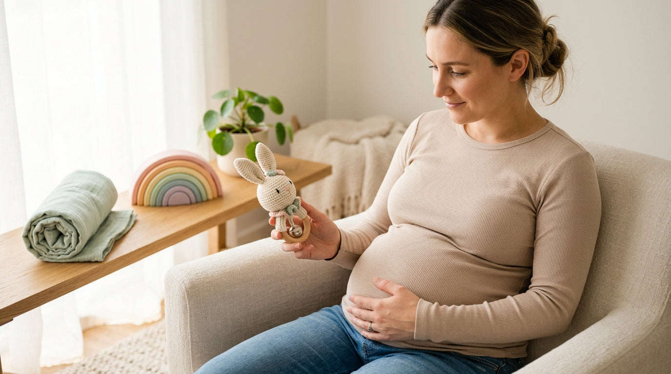 Pregnant woman sitting on a bathroom floor looking worried while holding a phone