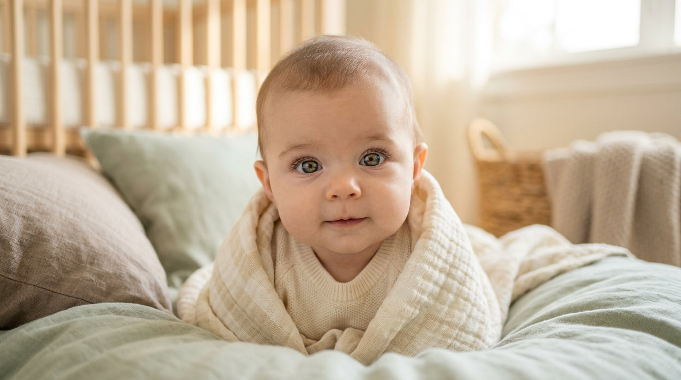 Close up of a tired father looking at his baby's slate grey eyes