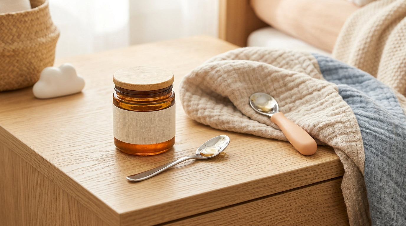 A tired dad holding a spoon in a dark kitchen, questioning his life choices.