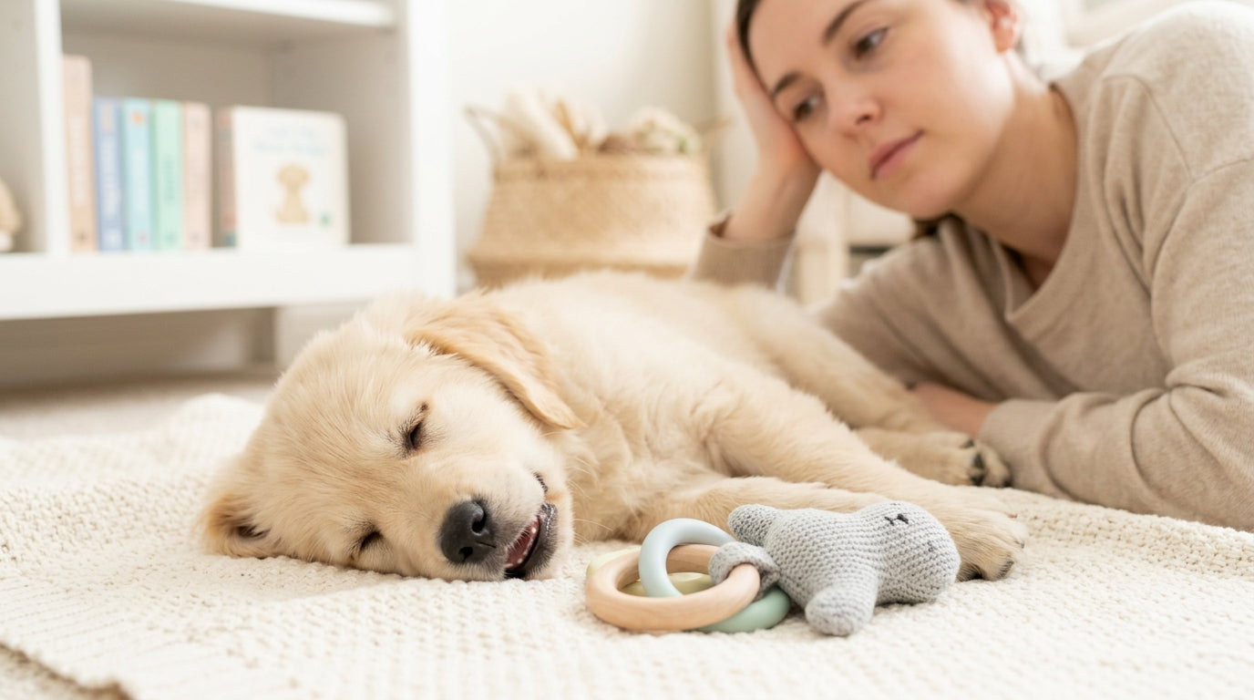 A tired mom holding a teething baby while a puppy chews on a toy
