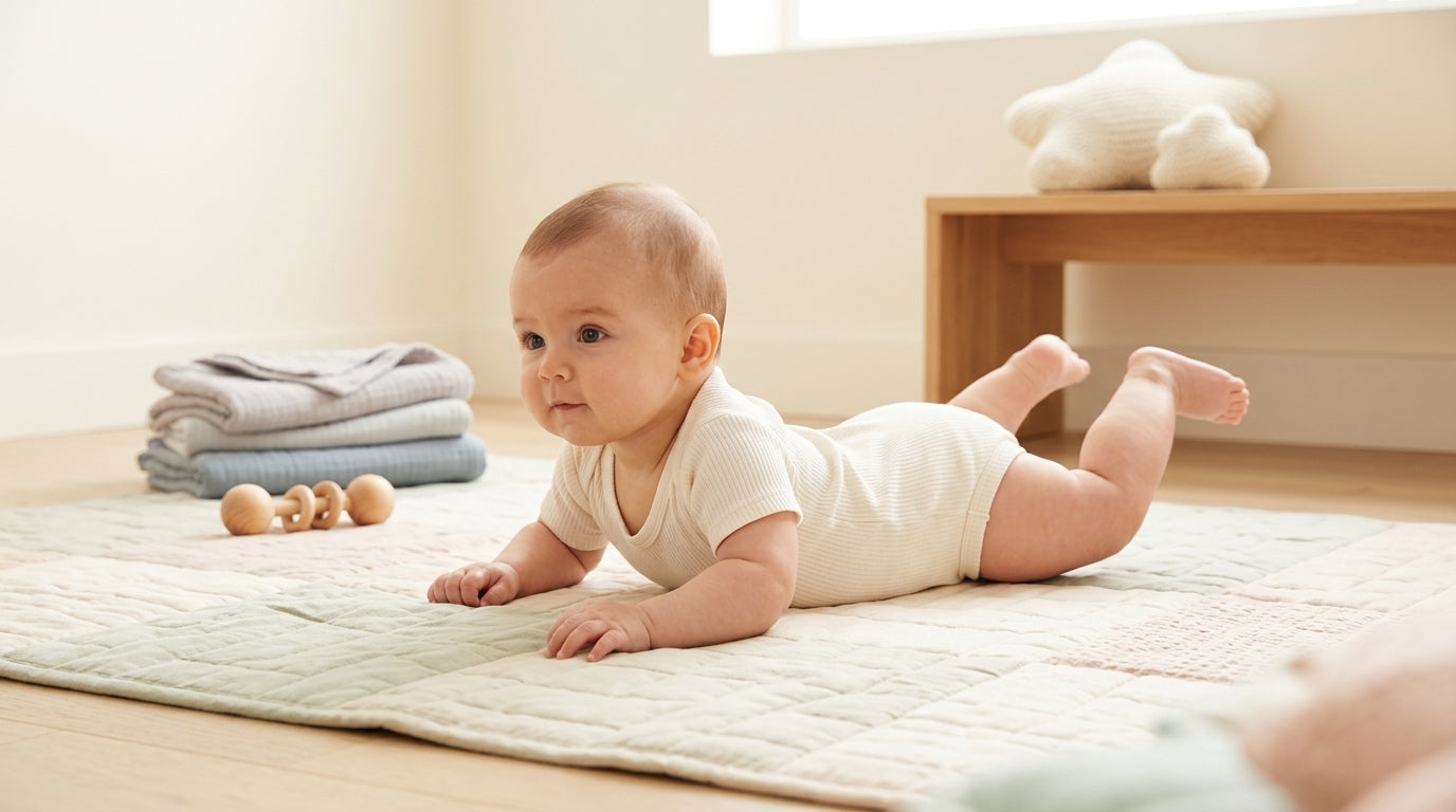 Baby practicing rolling over on a playmat while trying to reach a toy
