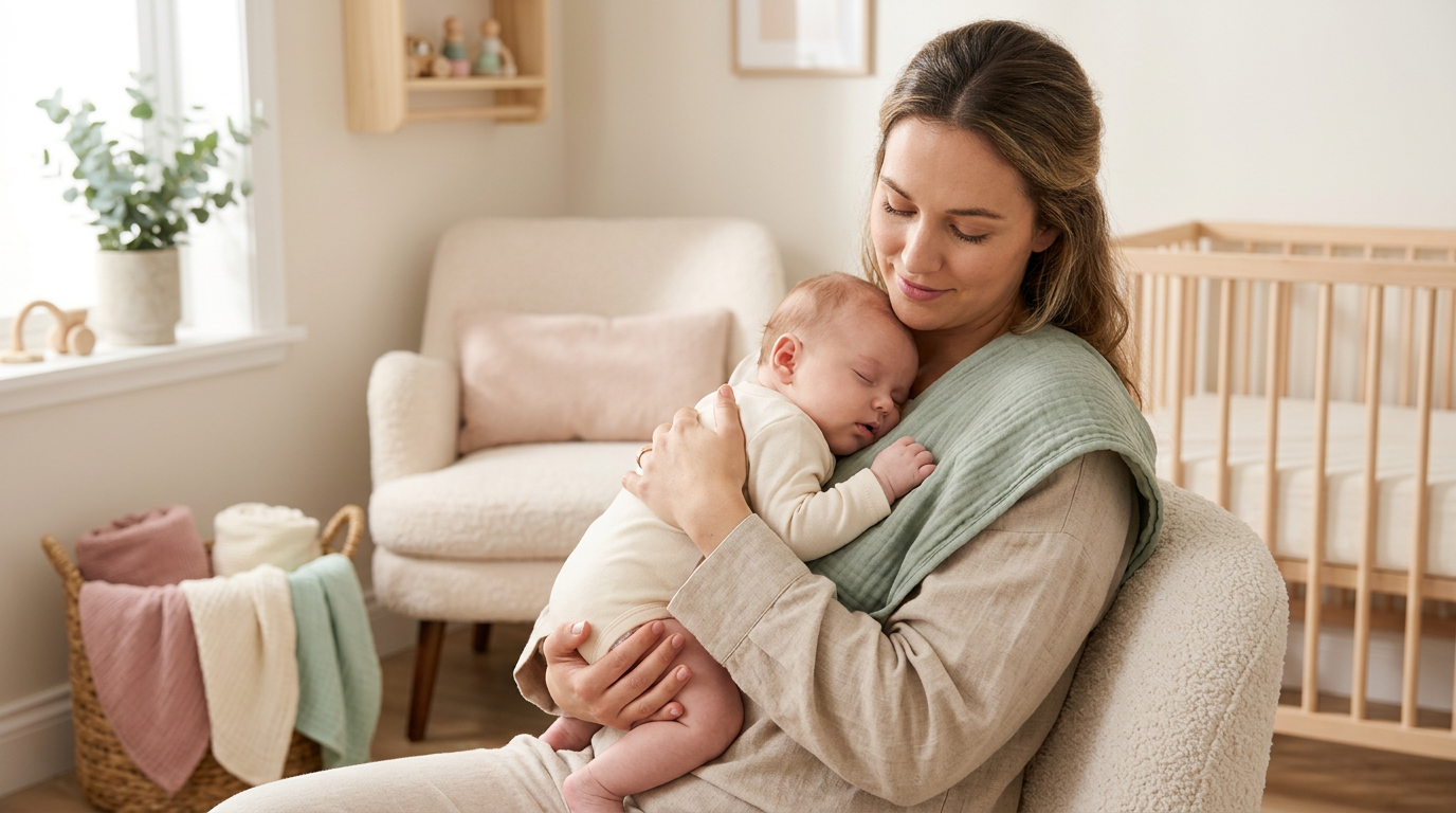 Tired mom rocking and patting a baby's back in a dimly lit nursery