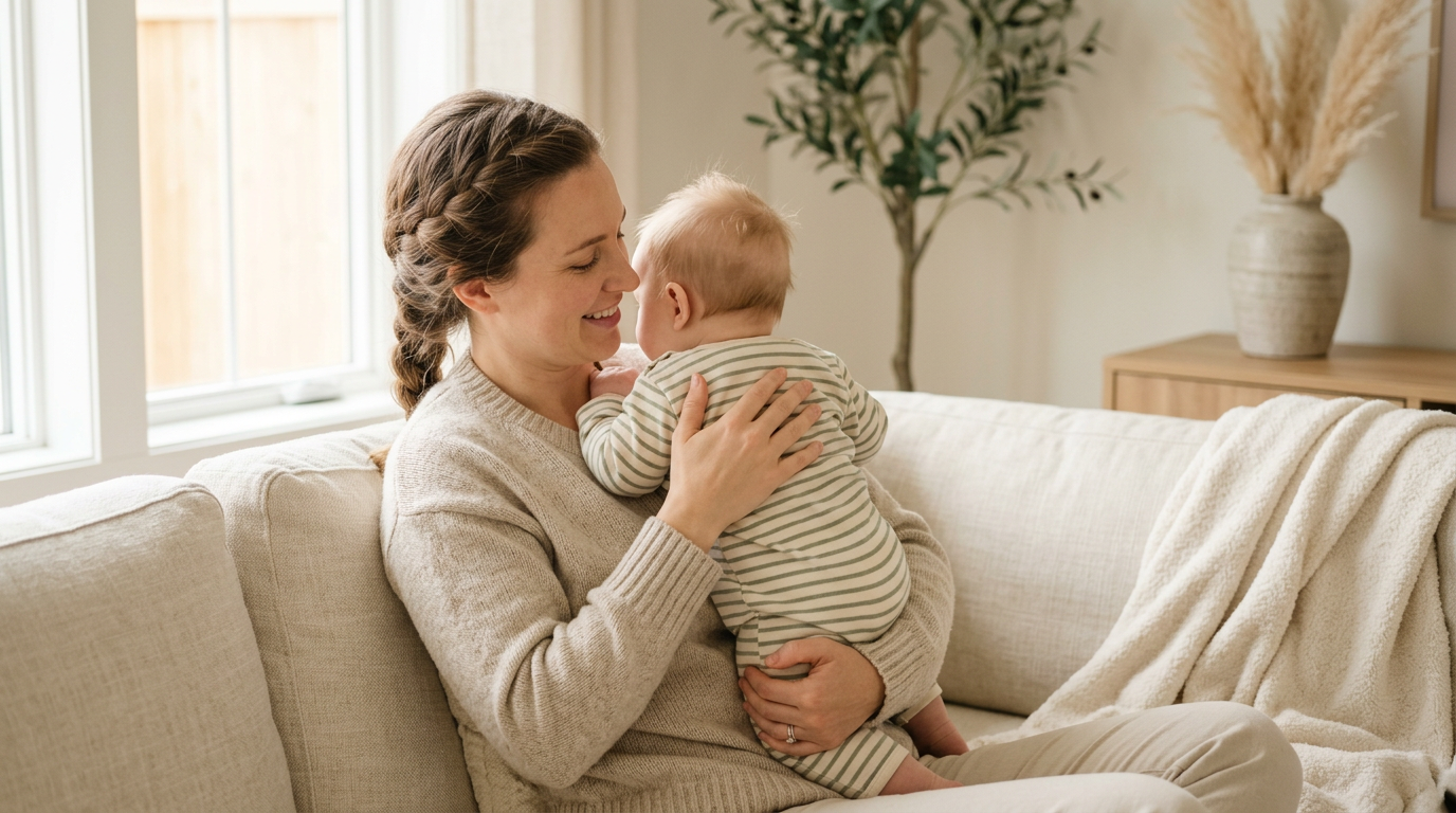 Tired mom sitting in a nursery rocking chair holding a sleeping baby over her shoulder.