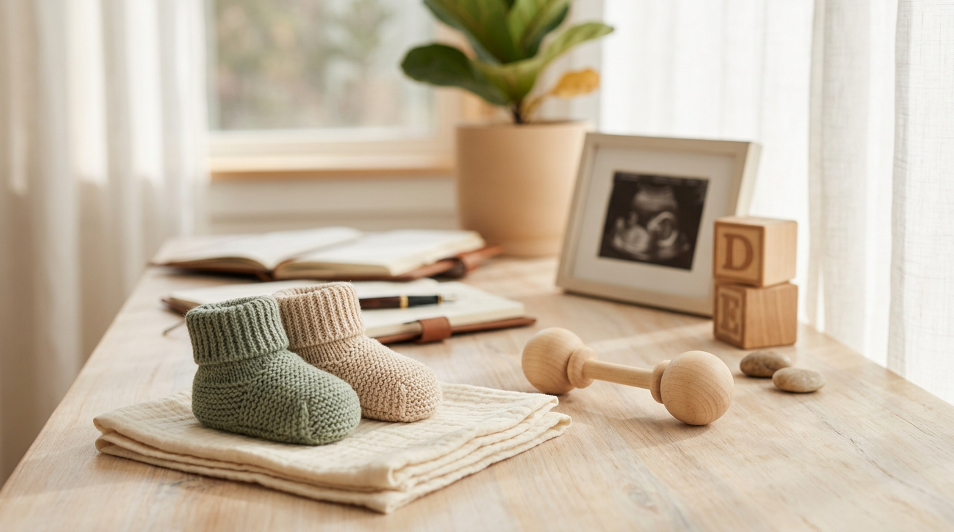 A tired dad staring confused at an ultrasound printout on his desk