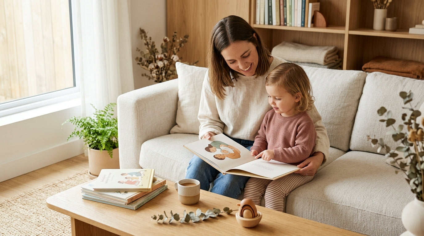 Toddler sitting in a car seat asking her mom about human anatomy