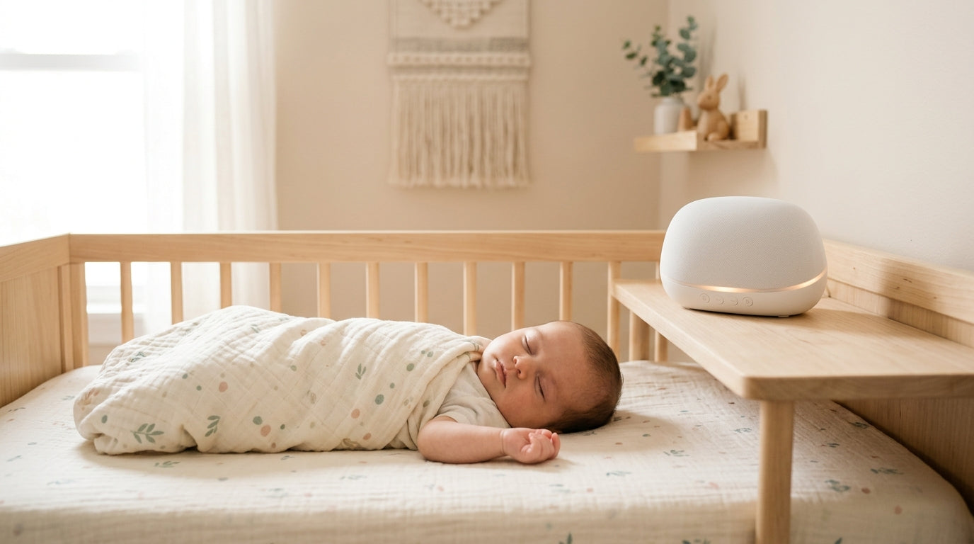 A tired mom drinking coffee next to a baby sleeping soundly near a white noise machine in a cozy nursery.