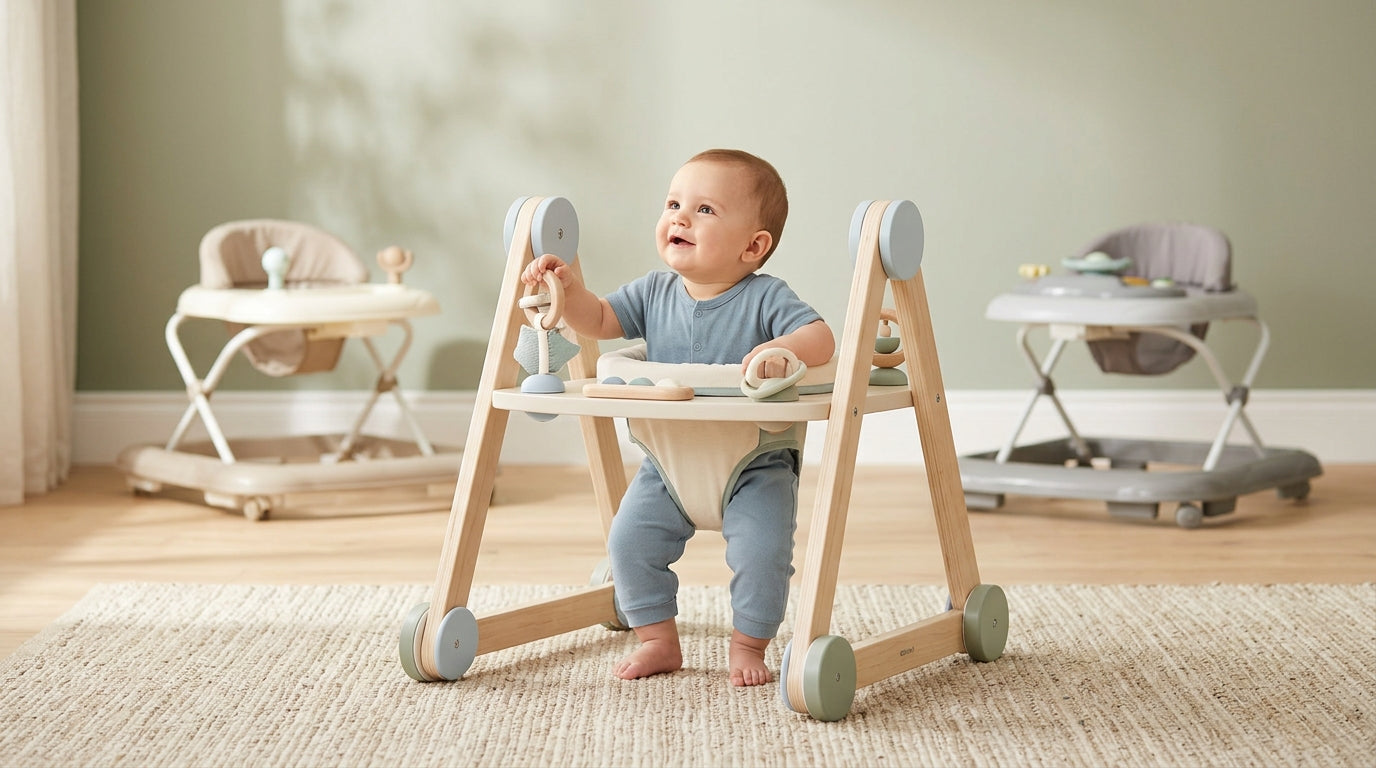 A wooden push toy on a nursery rug next to some soft building blocks.