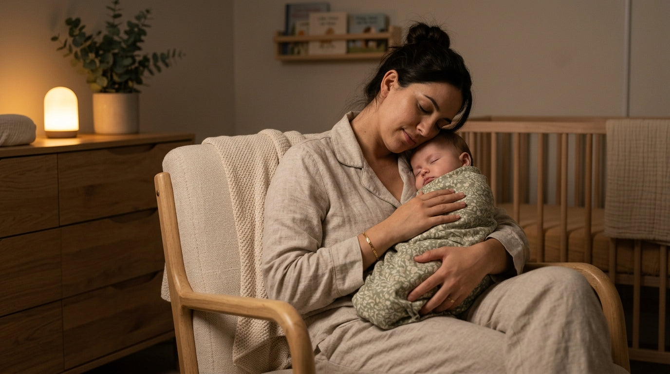 Mother pacing a dark nursery while soothing a crying baby over her shoulder