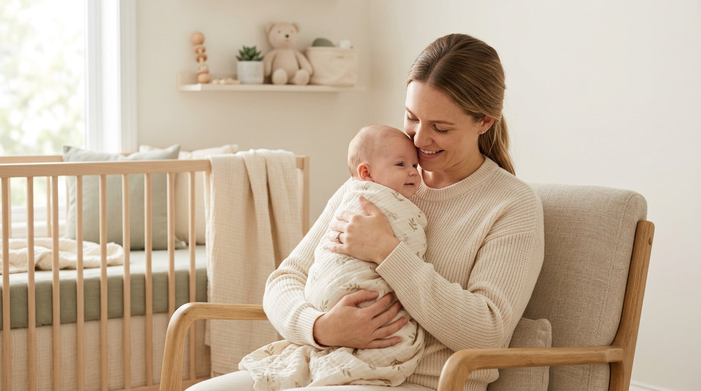 Exhausted mom holding a screaming infant in a dark nursery at 3 AM