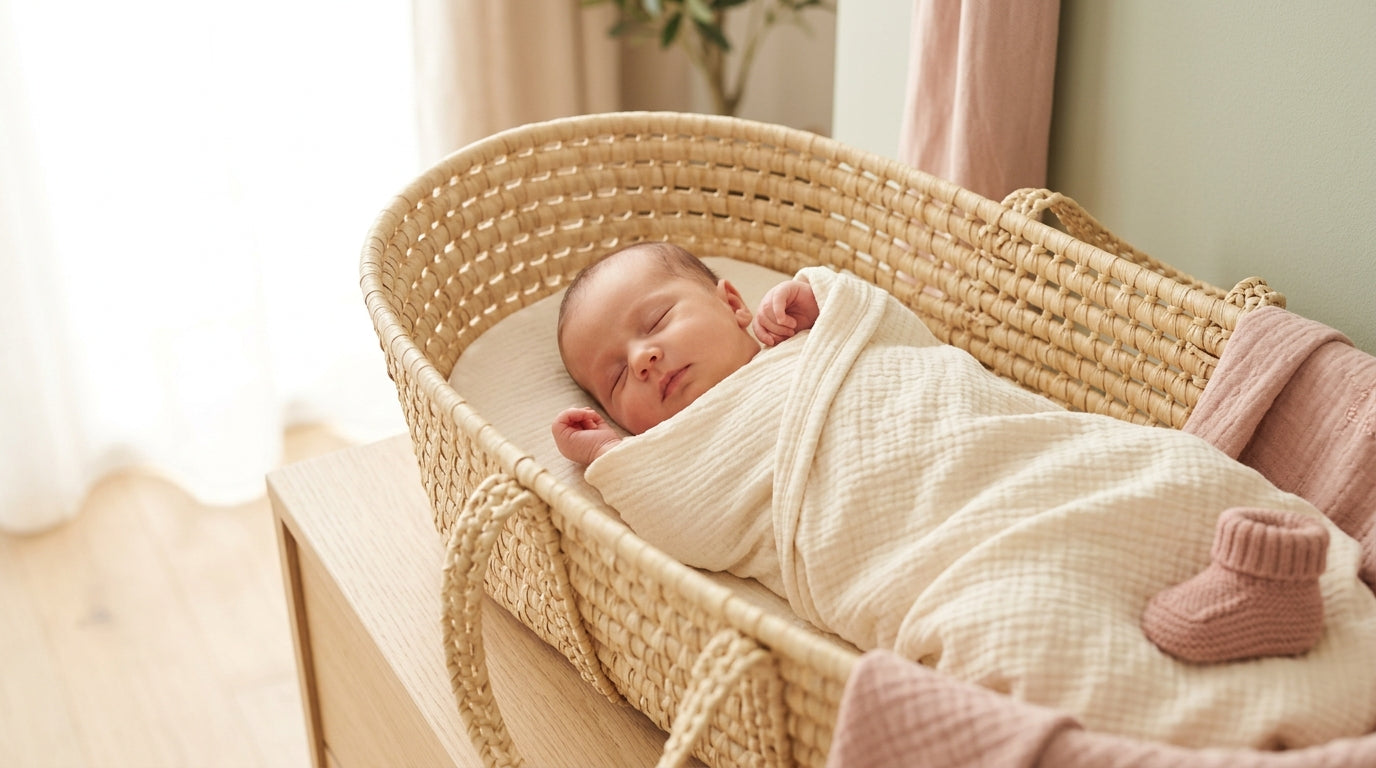 A newborn baby experiencing skin-to-skin contact wrapped in an organic blanket after crying when born
