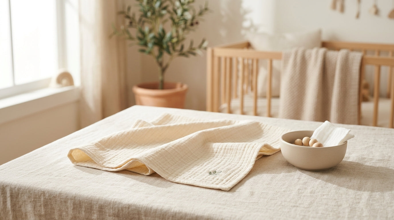 Tired mom burping a newborn holding an organic cotton cloth over her shoulder