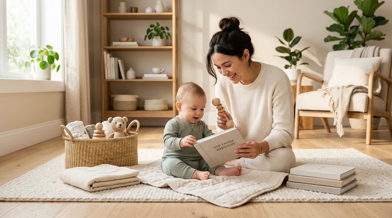 Confused dad holding a remote while an 11-month-old baby plays with blocks.