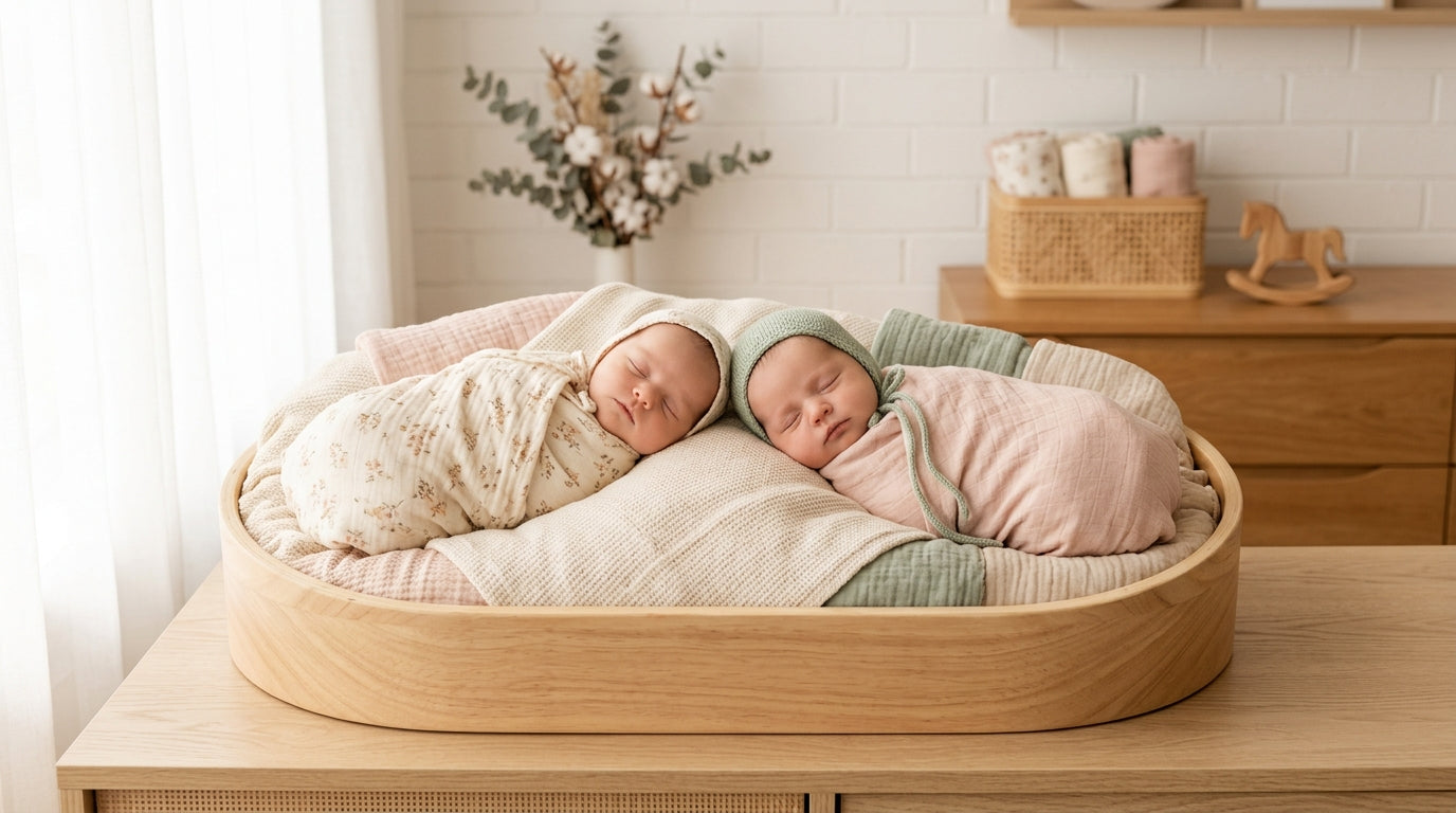 A bewildered British dad looking at a list of southern baby girl names next to twin babies.