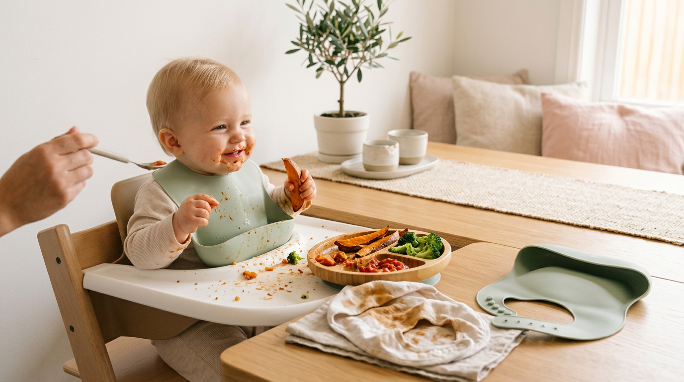 A baby wearing a waterproof silicone bib while eating messy spaghetti