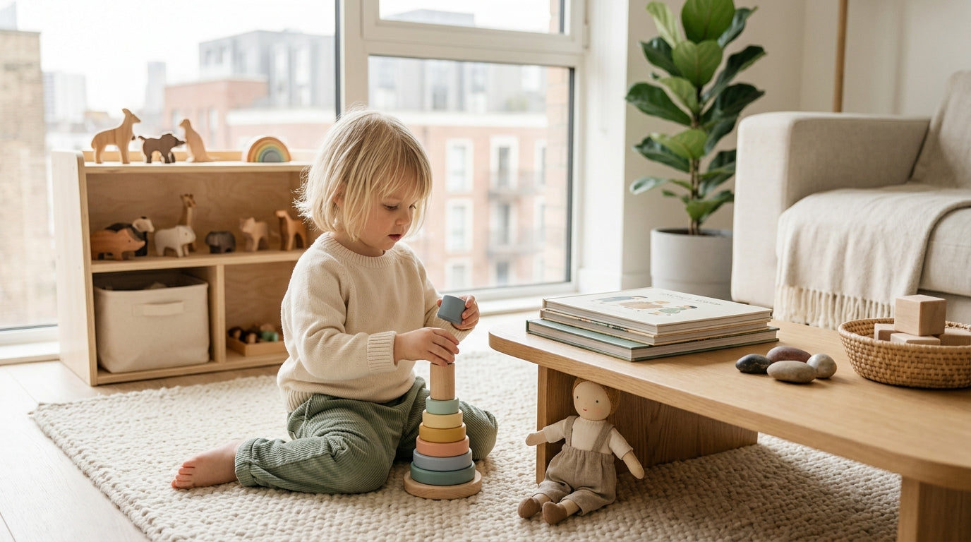 A messy living room floor with wooden building blocks scattered next to a sofa.