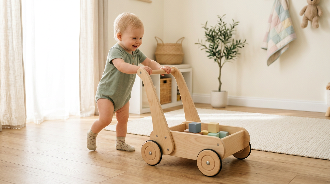 Toddler pushing a sustainable wooden baby walker across a hardwood living room floor.