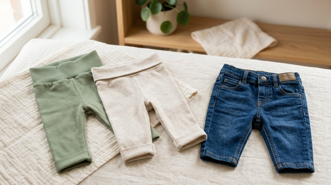 Infant wearing soft organic cotton drop-crotch pants with a wide folded waistband