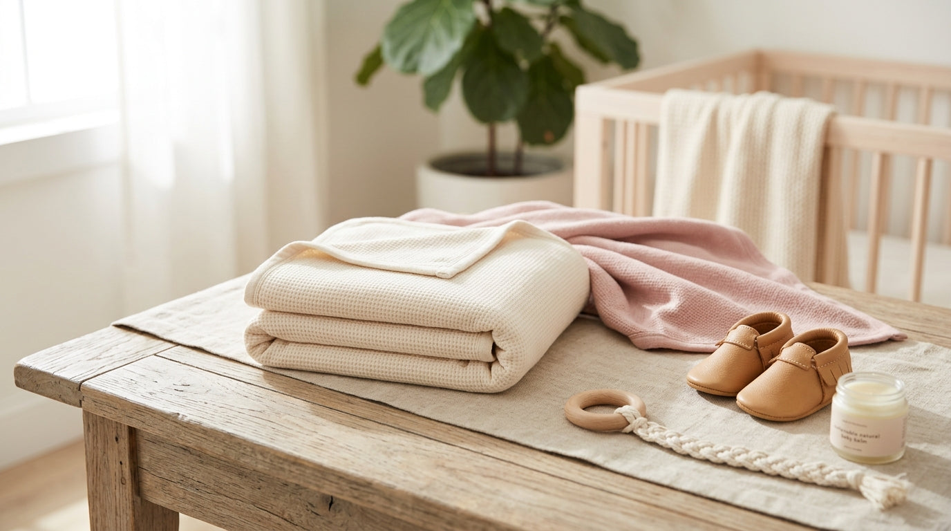 Tired dad pulling a muddy adult-sized blanket out of a stroller wheel in the rain while the baby looks on.