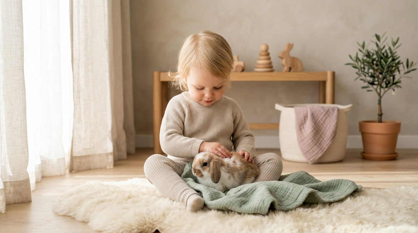 A toddler pointing at a patch of grass in a backyard