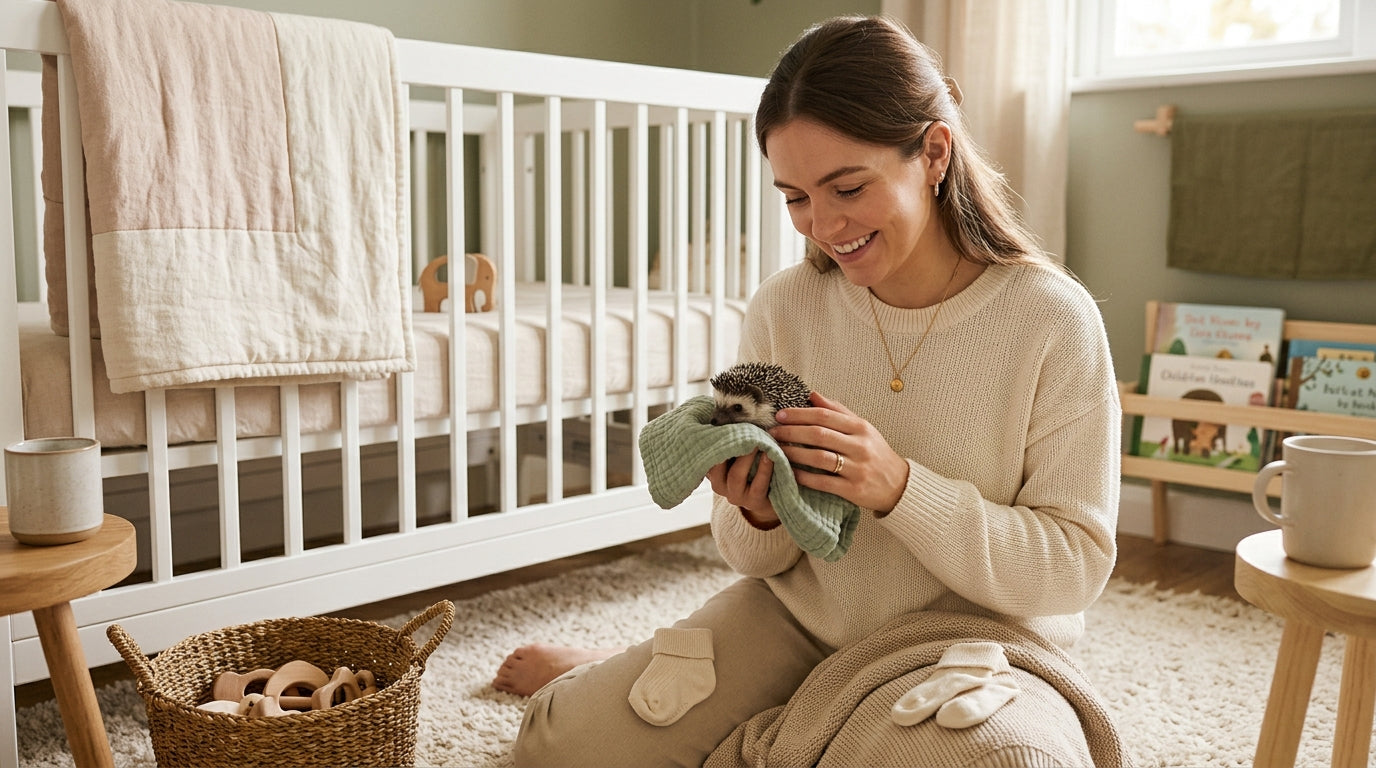 A tiny wild hoglet resting in a cardboard box lined with an old towel.