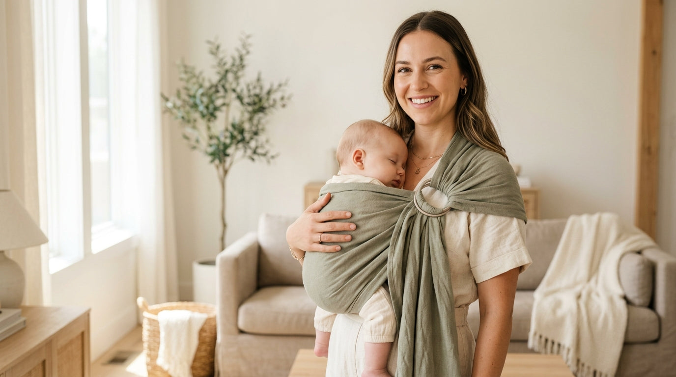 Mom adjusting the linen straps of a WildBird carrier while baby looks around.