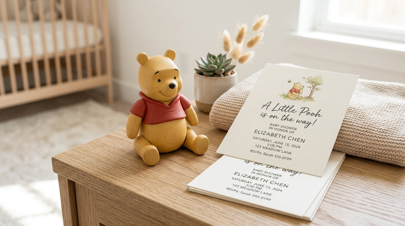 A muted sage green baby shower invitation next to a wooden toy