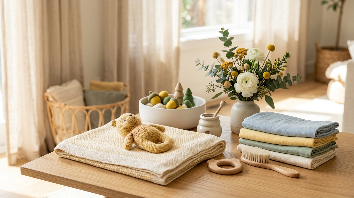 A tired dad holding a wooden buffalo next to some Hundred Acre Wood decorations
