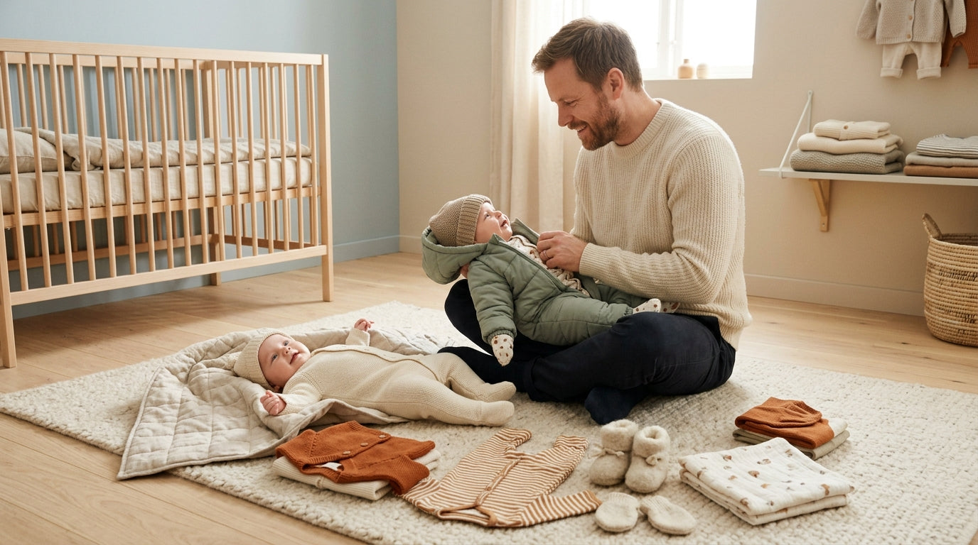 Exhausted dad sweating in a hallway while trying to stuff a thrashing toddler into a winter snowsuit.