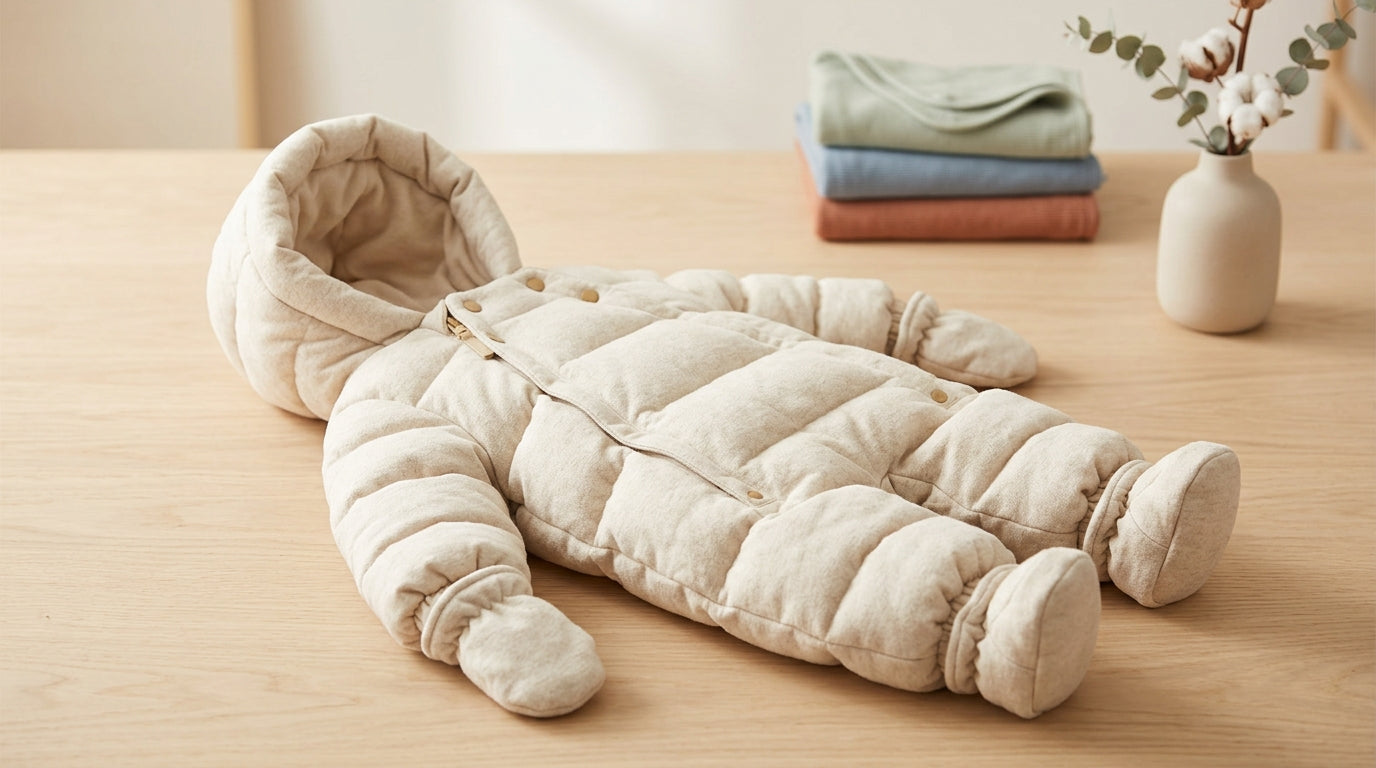 Dad struggling to buckle a baby wearing a bulky winter snowsuit into a car seat