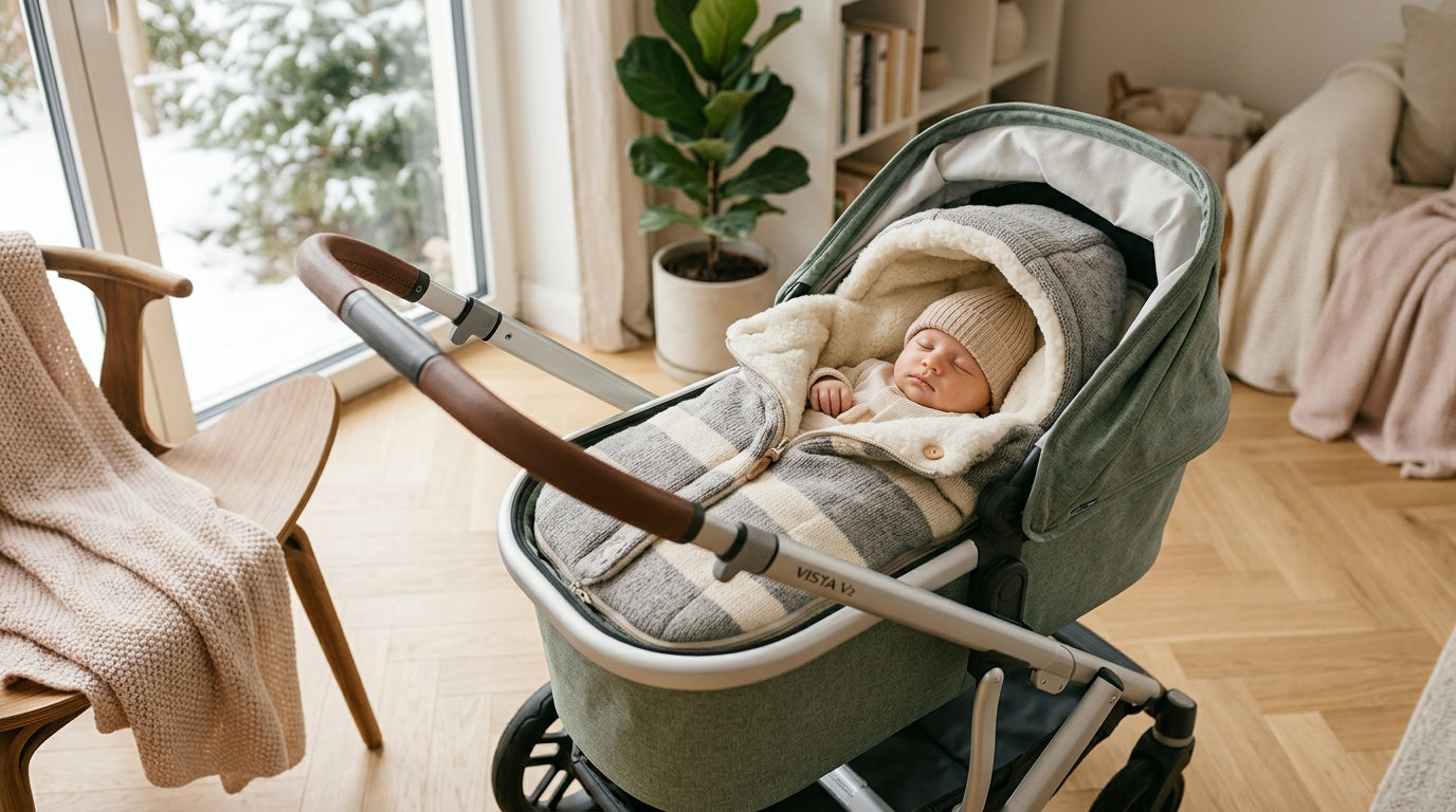 Sarah pushing a stroller through the snow while drinking a large iced coffee