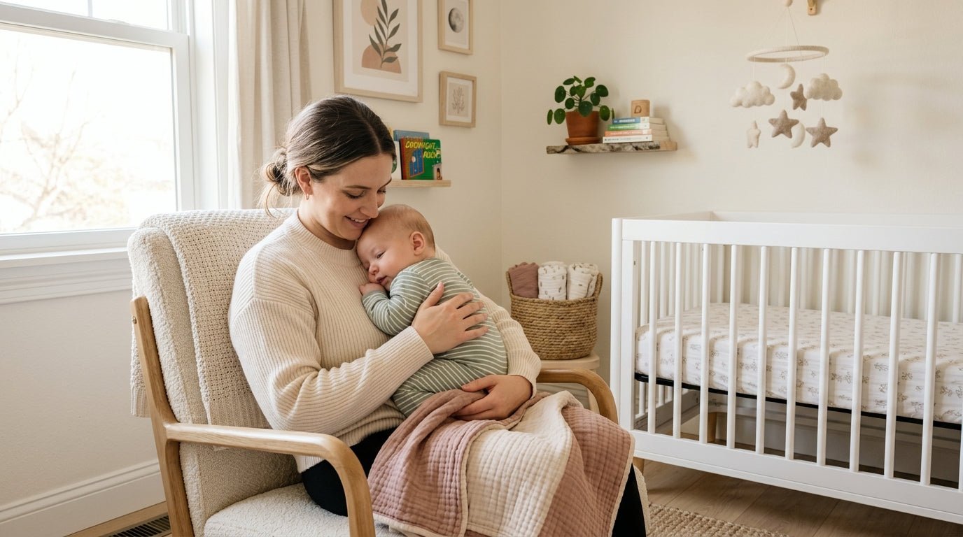 Mother looking exhausted while holding a crying baby in a dimly lit nursery