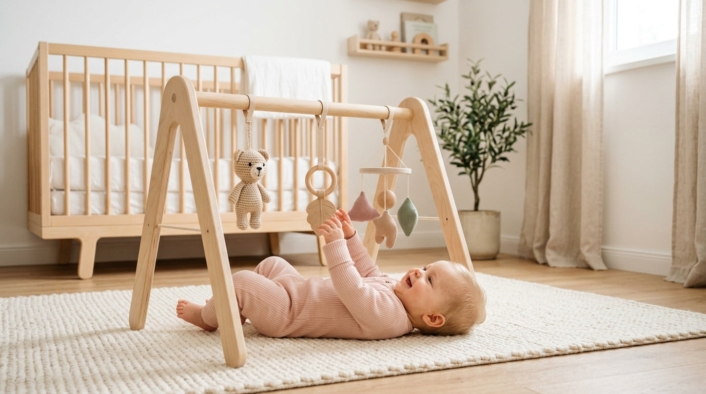 A wooden baby play gym set up on an organic cotton blanket in a sunny room