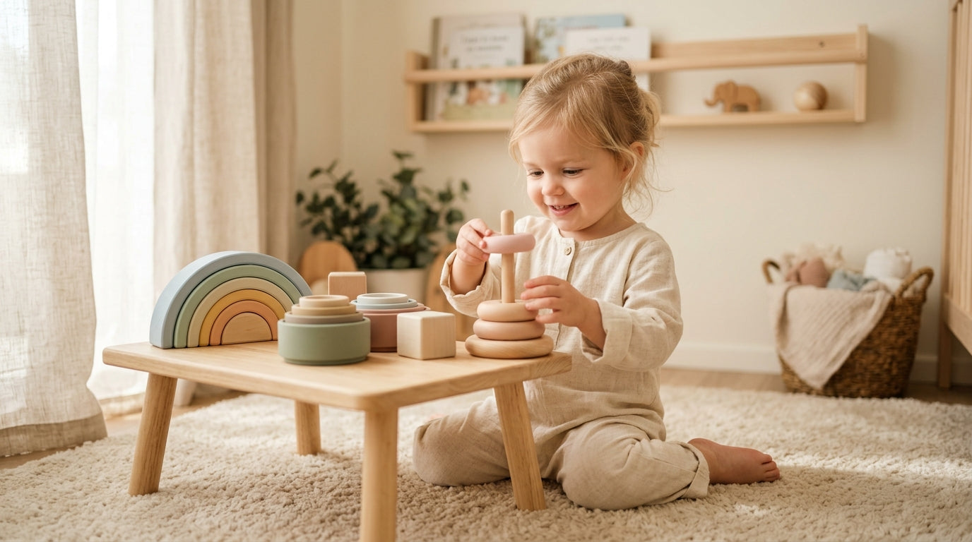 A simple wooden stacking rainbow and block set scattered on a living room rug.
