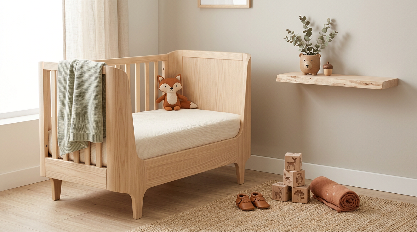 A soft bamboo baby blanket with a blue woodland pattern draped over a nursery chair.