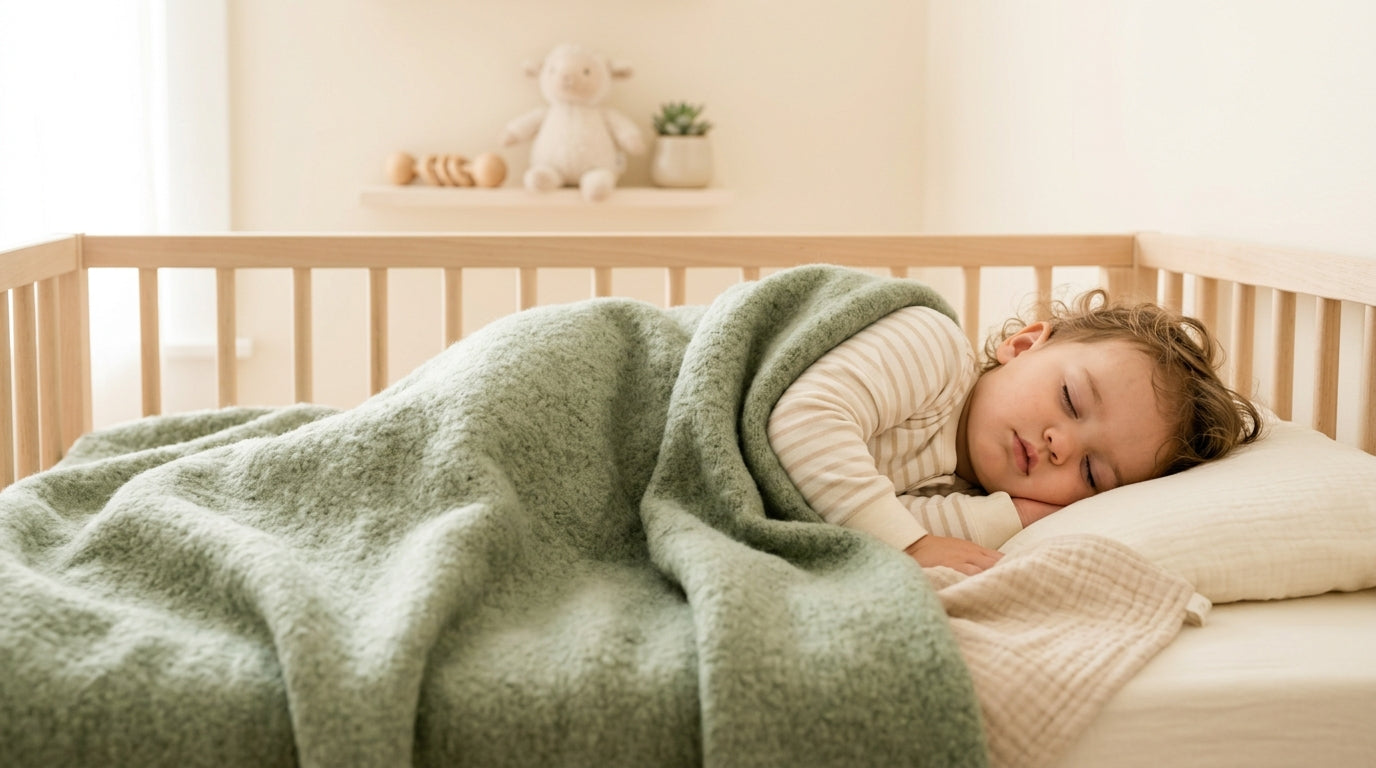A half-empty coffee cup next to a folded merino wool baby blanket