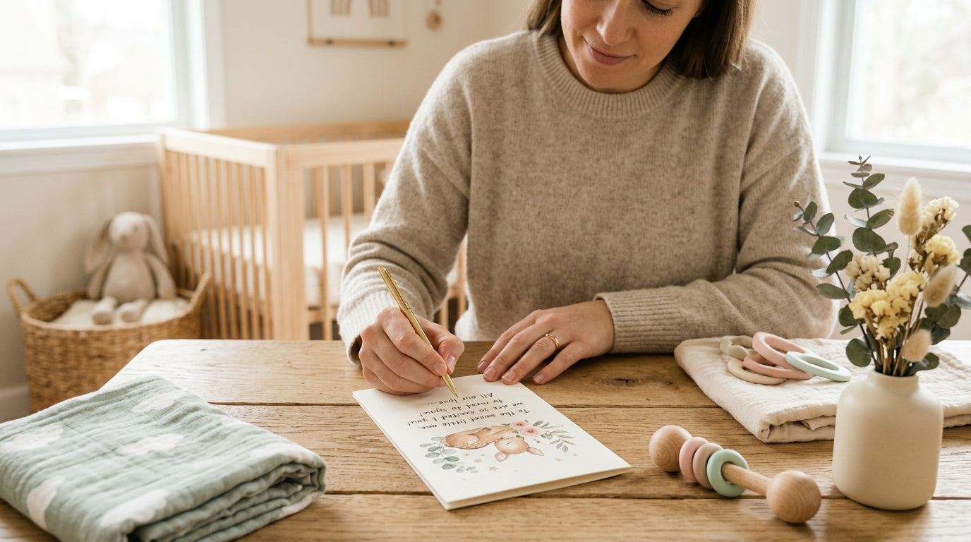 A dad staring confused at a blank baby shower card next to a coffee