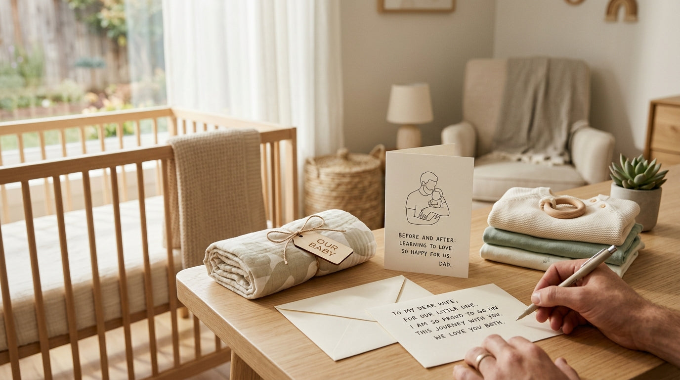A tired dad holding a pen over a blank baby shower card next to a laptop.