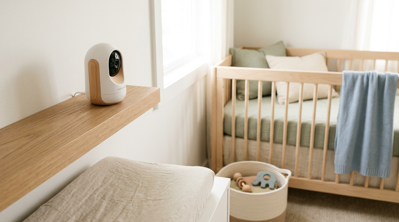 A tired dad staring suspiciously at a glowing plastic baby monitor on a shelf