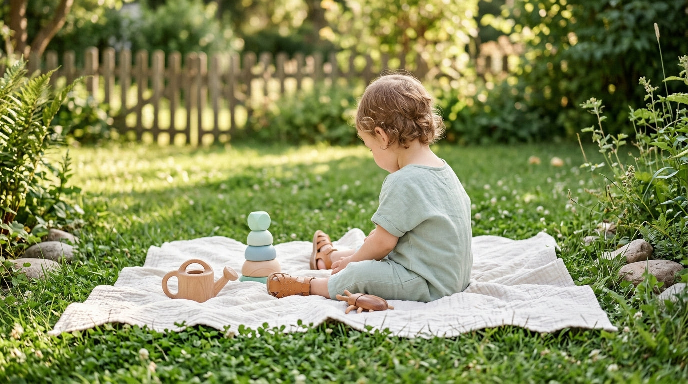 A confused dad looking at a small snake hidden in green lawn grass.