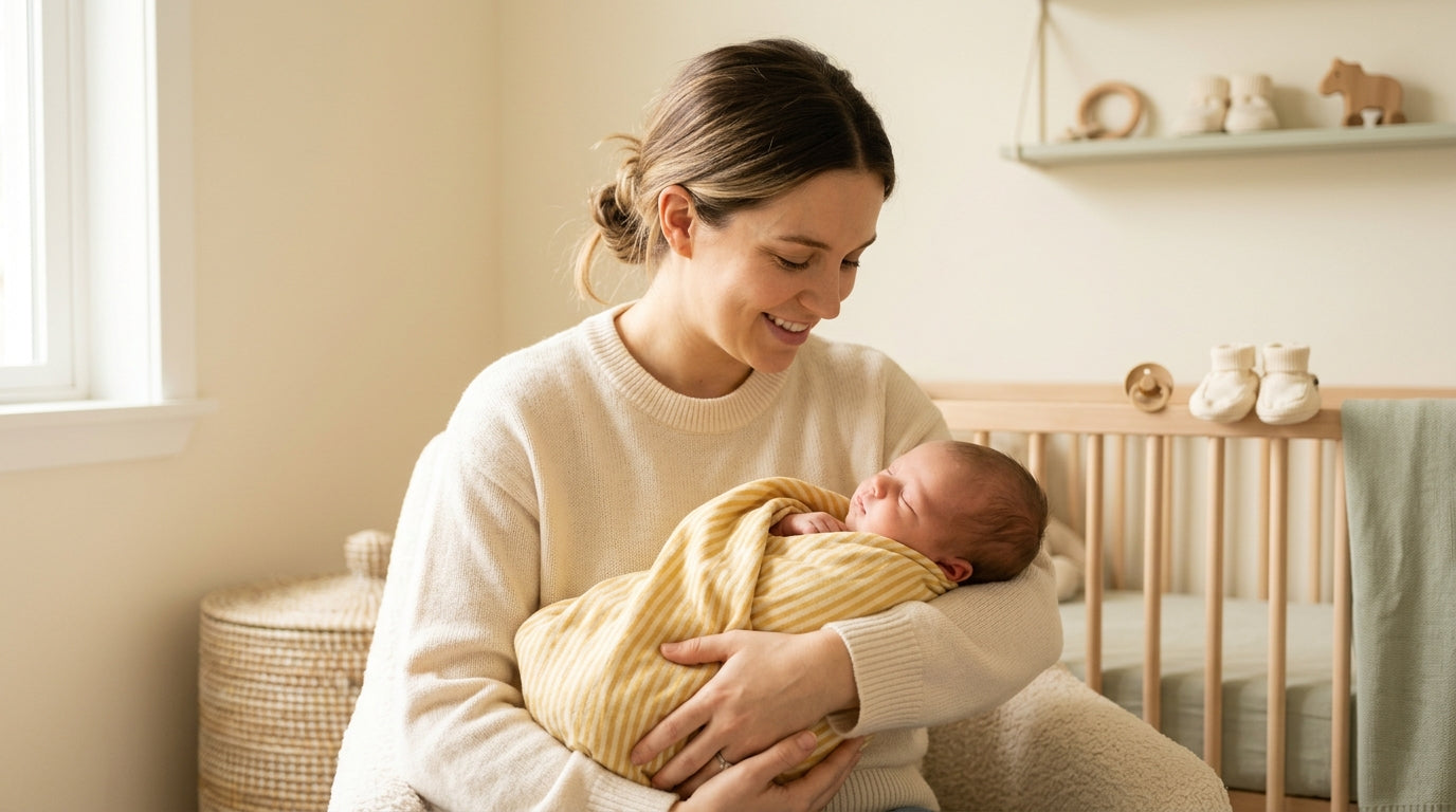 A tired mother checking her sleeping baby's skin tone in dim nursery lighting.