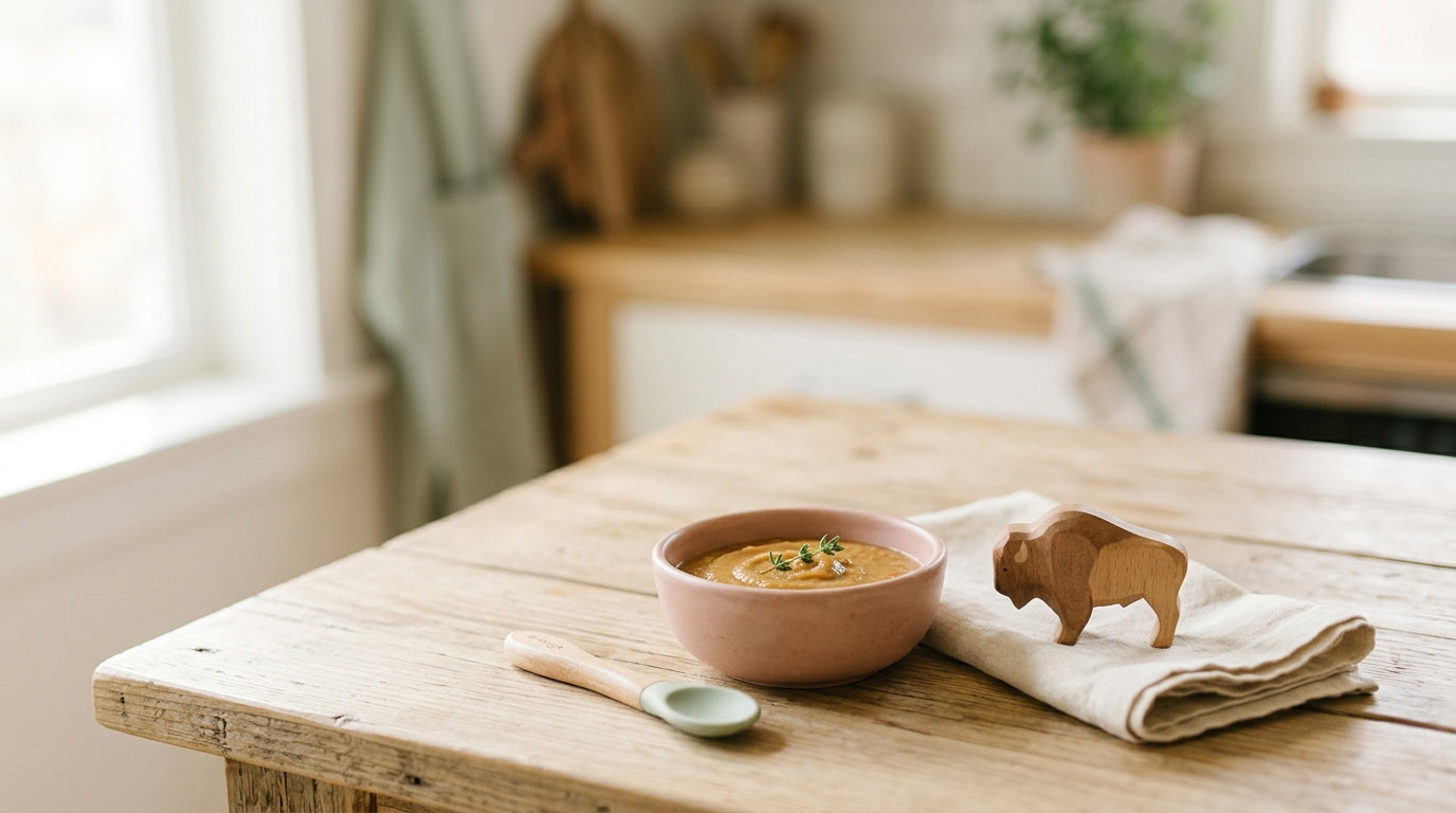 Stressed dad holding a meat thermometer next to an 11-month-old eating meat.