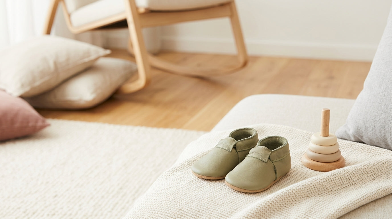 A wobbly toddler in soft Kianao organic cotton pants trying to take independent baby steps by the couch.