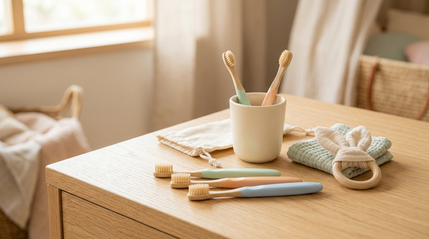 Sarah hält eine Zahnbürste für Kleinkinder im Badezimmer