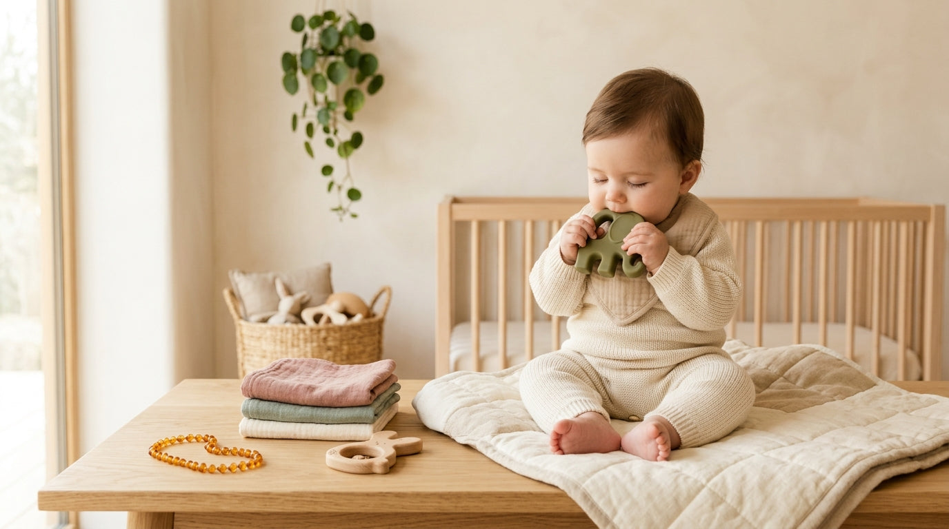 Tired dad holding a teething baby with a silicone toy