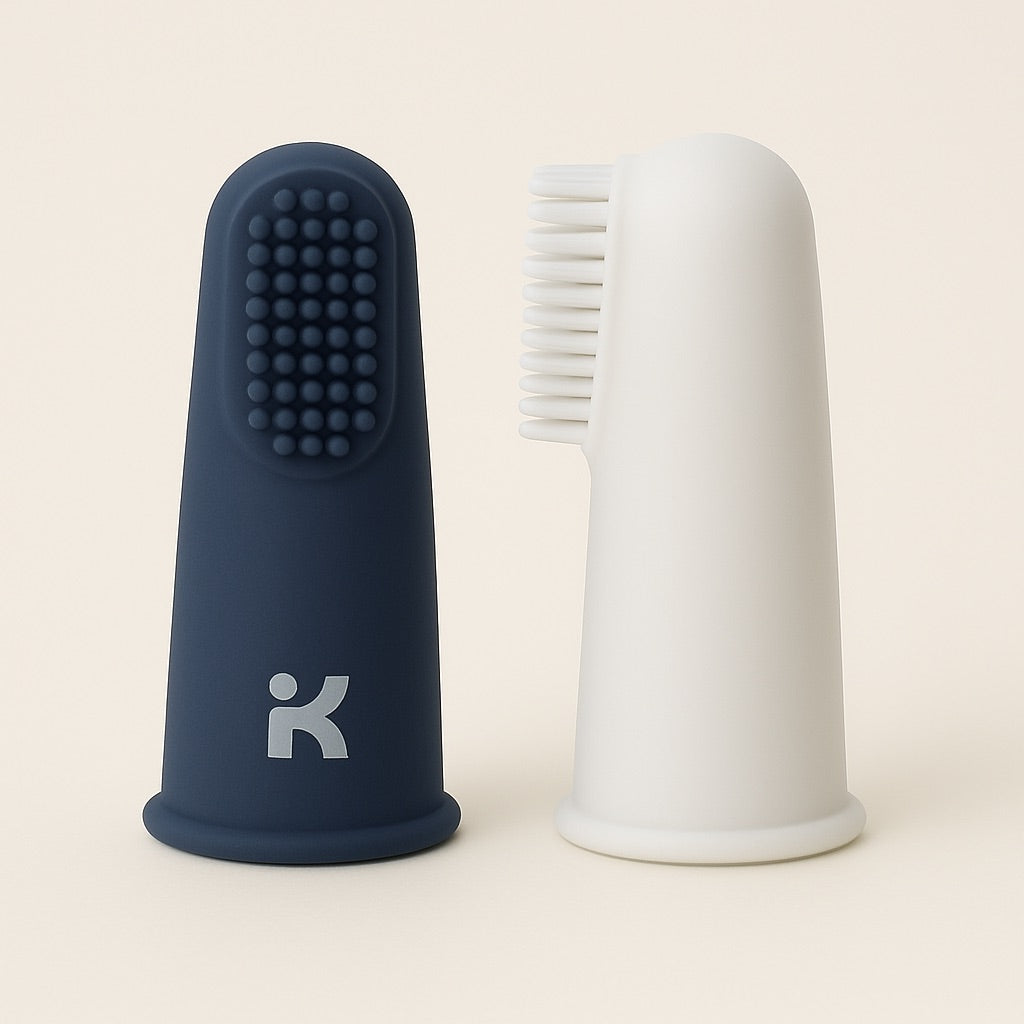 dark blue baby finger toothbrush with light gray handle designed for comfortable grip during use