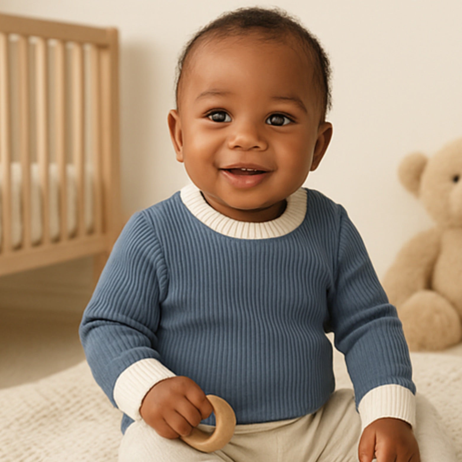 baby wearing indigo blue organic cotton baby sweater with white contrast collar and cuffs, retro design for comfortable warmth
